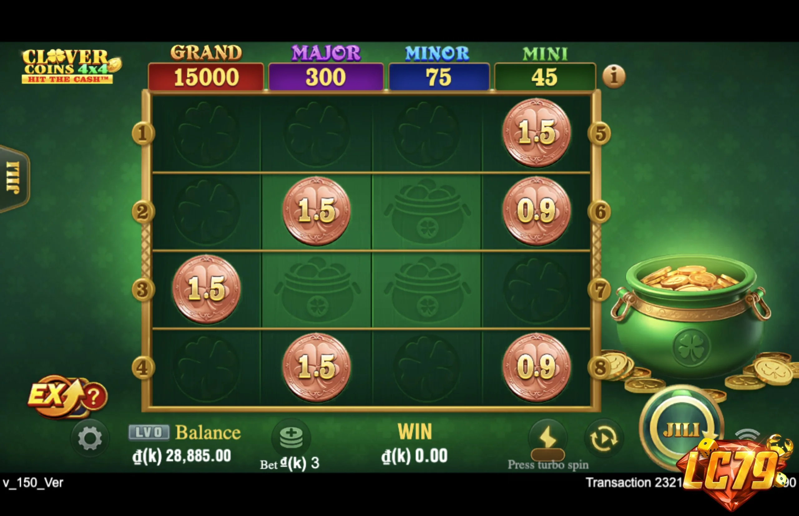 Ảnh màn hình gameplay game Clover Coins 4X4 (slot JILI) chơi tại LC79