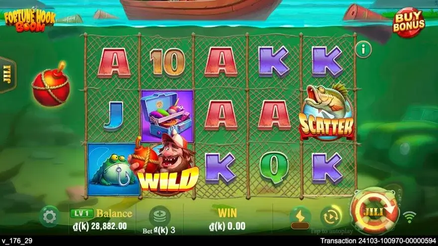 Ảnh bảng biểu tượng & tính năng game Fortune Hook Boom (slot JILI) chơi tại LC79