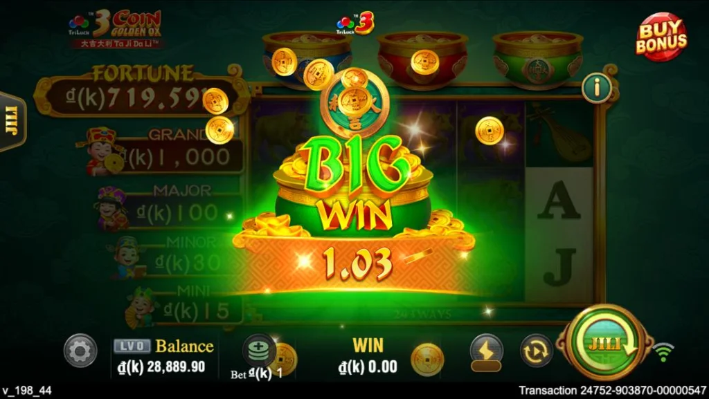 Ảnh giao diện chính game 3 Coin Golden OX (slot JILI) chơi tại LC79