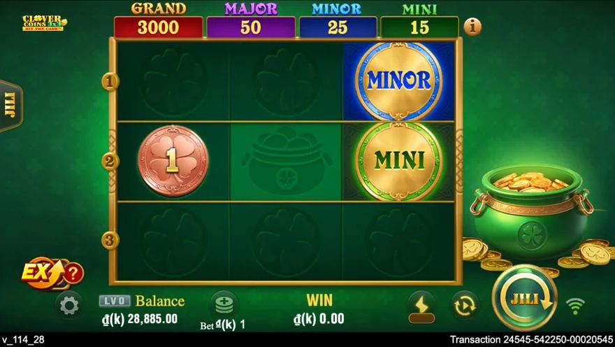 Ảnh bảng biểu tượng & tính năng game Clover Coins 3x3 (slot JILI) chơi tại LC79